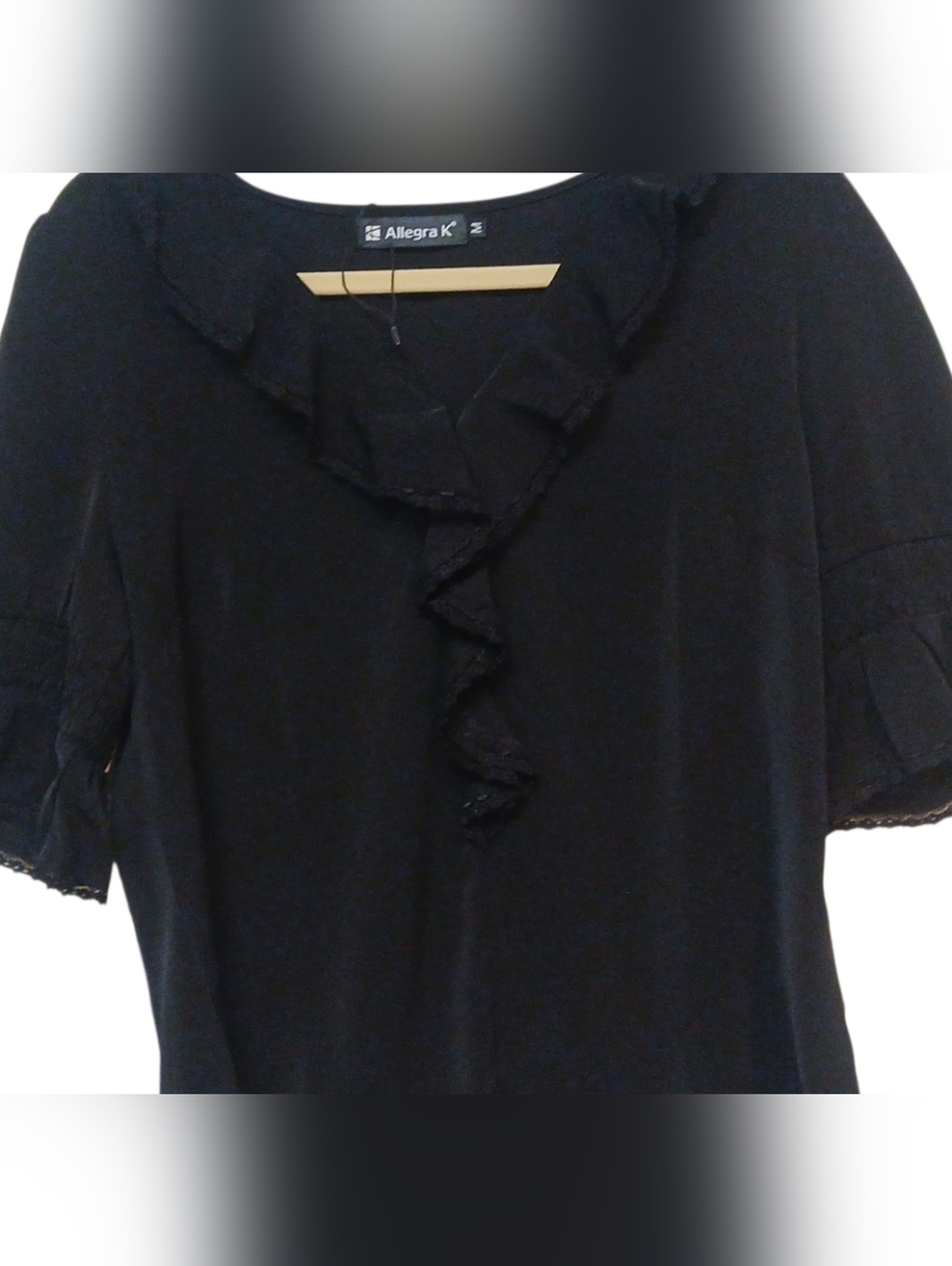 Allegra K - NWOT, Black Blouse W/ Lace Trim, Ruffles In Front & Sleeves, Size M - Picture 4 of 10